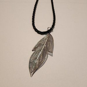 Pewter Hollow Long Cast Leaf Pendant on black braided leather necklace